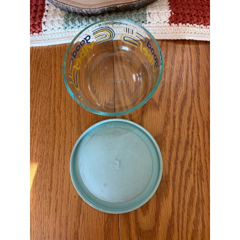 Pyrex Good Vibes Glass Storage Bowl 2 Cup 7200 Blue Yellow Retro with Lid USA